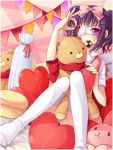  1girl candy checkerboard_cookie cookie eyepatch food macaron morimiya mouth_hold purple_hair solo stuffed_animal stuffed_toy teddy_bear twintails violet_eyes 