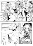  3girls alice_margatroid boots bow capelet comic doll_joints dress hair_bow highres hisany-spacecrayon kicking long_hair molotov_cocktail monochrome multiple_girls necktie shanghai_doll sword touhou weapon 