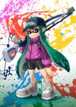  1girl bike_shorts commentary domino_mask green_hair gun highres holding inkling jacket long_hair looking_at_viewer mask paint_splatter pointy_ears rifle shoes smile sneakers sniper_rifle solo splatoon standing tak_(takumi_fortitude) tentacle_hair violet_eyes weapon 