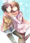  2girls antenna_hair ayuko_(ayuco) black_hair blush brown_eyes brown_hair hagiwara_yukiho idolmaster kikuchi_makoto multiple_girls open_mouth pantyhose scarf short_hair smile winter_clothes 