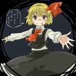  1girl blonde_hair blood blood_on_face bloody_clothes darkness frilled_skirt frills hair_ribbon highres red_eyes ribbon rumia shirt short_hair skirt touhou translated umo vest 