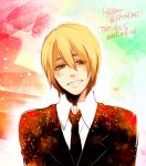  1boy arsmagna blonde_hair brown_eyes formal gradient gradient_background happy_birthday lowres male_focus ooyama_(hnk1018) sakakibara_tatsuki smile solo suit 