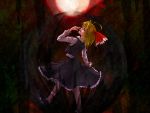 1girl blonde_hair blood blood_on_face blood_on_fingers bloody_clothes dark darkness finger_licking frilled_skirt frills full_moon hair_ribbon highres licking looking_at_viewer looking_back mizudokei_(kansou-chuu) moon red_eyes red_moon ribbon rumia shirt short_hair skirt touhou vest 