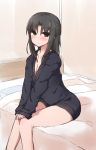  1girl bed black_hair blush breasts cleavage half_updo hands_on_own_knees kara_no_kyoukai looking_at_viewer naked_sweater ohitashi_netsurou on_bed ryougi_shiki sitting solo sweater 