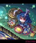  1girl animal_ears blue_dress blue_hair bunny_tail crying crying_with_eyes_open dango dress ear_clip fireflies food full_moon mallet moon pote_(ptkan) puffy_short_sleeves puffy_sleeves rabbit_ears red_eyes reflection river sakazuki seiran_(touhou) short_sleeves sitting solo tail tears touhou tsukimi wagashi wavy_mouth weapon 