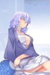  1girl absurdres blue_hair blush breasts cleavage closed_eyes fan gradient_hair hair_between_eyes highres japanese_clothes kimono kokka_han large_breasts letty_whiterock multicolored_hair paper_fan purple_hair short_hair sitting solo touhou uchiwa yukata 