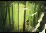  1girl bamboo bamboo_forest black_hair bow detached_sleeves foreshortening forest from_behind hair_bow hakurei_reimu highres letterboxed long_hair nature nazoko red_shoes red_skirt rope scenery shimenawa shoes skirt sleeveless solo standing stone touhou wind 
