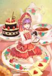  1girl absurdres aili_(aliceandoz) alternate_costume alternate_headwear blurry bonnet cake character_doll cookie cup depth_of_field food fruit hair_ribbon highres kijin_seija lavender_hair lolita_fashion looking_at_viewer mary_janes minigirl open_mouth ribbon saucer shoes short_hair sitting solo strawberry sukuna_shinmyoumaru tablecloth teacup teapot touhou tress_ribbon wariza yellow_eyes 