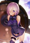  1girl armored_boots fate/grand_order fate_(series) hair_over_one_eye looking_at_viewer official_art pink_hair shielder_(fate/grand_order) short_hair smile solo takeuchi_takashi upscaled violet_eyes waifu2x 