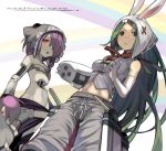  2girls :o android asymmetric_gloves belt bow braid bukurote bunny_hat copyright_name elbow_gloves frown gloves green_hair hair_ornament hair_over_one_eye hairclip hat joints leg_band long_hair looking_at_viewer midriff multiple_girls navel octavia_(road_to_dragons) pants paw_gloves purple_hair red_eyes ribbon road_to_dragons robot_joints rudolph_(road_to_dragons) short_hair white_gloves 