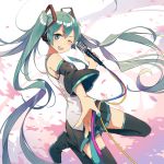  1girl aqua_eyes aqua_hair bare_shoulders black_legwear detached_collar gensou_kuro_usagi hair_ornament hatsune_miku long_hair long_sleeves microphone microphone_stand one_eye_closed open_mouth petals shirt skirt smile solo thigh-highs twintails very_long_hair vocaloid wide_sleeves wind zettai_ryouiki 