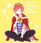  1boy absurdres arsmagna bandaid bandaid_on_face character_name crown happy_birthday highres indian_style kano_akira_(arsmagna) male_focus mini_crown one_eye_closed red_eyes redhead simple_background sitting smile star tsukimi_(tsukim512) yellow_background 