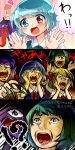  3girls 5girls :d blonde_hair blue_hair cirno commentary_request d: fingernails green_hair hair_ribbon hands_on_own_face heterochromia highres karakasa_obake multiple_girls mystia_lorelei namino. open_mouth purple_hair ribbon rumia sharp_fingernails short_hair smile tatara_kogasa team_9 touhou translated umbrella umezu_kazuo_(style) wriggle_nightbug 