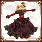  1girl :d alternate_costume blonde_hair cross cross_necklace dress fangs frilled_dress frills hair_ribbon open_mouth outstretched_arms red_eyes ribbon rumia short_hair smile spread_arms touhou zatsumi 