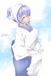  1girl ^_^ absurdres alternate_costume blue_hair blush breasts closed_eyes gradient_hair head_scarf highres japanese_clothes kappougi kimono kokka_han large_breasts letty_whiterock multicolored_hair plump purple_hair short_hair smile solo touhou two-tone_hair 