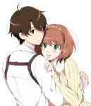  1boy 1girl aldnoah.zero amy26 asseylum_vers_allusia blush brown_hair green_eyes headband holster hug jewelry kaizuka_inaho necklace open_mouth red_eyes smile sweater_vest 