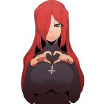  1girl breasts celtic_cross hair_over_one_eye heart heart_hands higa_norio large_breasts long_hair looking_at_viewer parasoul_(skullgirls) redhead simple_background skullgirls solo white_background 