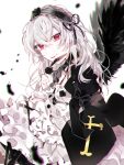  1girl black_wings feathered_wings hairband looking_at_viewer piyo_(ppotatto) red_eyes rozen_maiden smile solo suigintou white_hair wings 