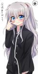  1girl blue_eyes blush charlotte_(anime) gakuran long_hair looking_at_viewer nakadome school_uniform silver_hair simple_background solo tagme tomori_nao two_side_up v_over_eye wavy_mouth white_background 