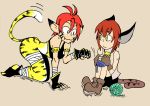  2girls animal_ears bare_shoulders bell bell_collar breath_of_fire breath_of_fire_ii brown_hair cat_ears cat_tail collar dark_cloud fang fingerless_gloves gloves multiple_girls paw_pose pointy_ears redhead rinpoo_chuan setz sitting slit_pupils tail tiger_print xiao_(dark_cloud) yarnball yellow_eyes 