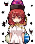  1girl alternate_costume chain clownpiece collar demon earth_(ornament) hat hecatia_lapislazuli long_hair lowres moon_(ornament) pote_(ptkan) red_eyes redhead shaded_face shirt solo star starry_background tearing_up tears touhou 