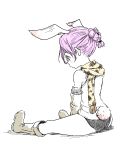  1girl animal_ears bunny_tail elin_(tera) highres nezumi_inu purple_hair rabbit_ears scarf short_hair simple_background sitting solo tail tera_online white_background 
