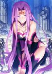  1girl absurdly_long_hair breasts chain cleavage eyes_visible_through_hair fate/grand_order fate_(series) long_hair looking_at_viewer official_art pink_eyes pink_hair rider ruins smile solo takeuchi_takashi tattoo upscaled very_long_hair waifu2x weapon 