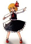  1girl :d blonde_hair fang frilled_skirt frills hair_ribbon highres open_mouth outstretched_arms red_eyes ribbon rumia shirt short_hair skirt smile spread_arms topadori touhou vest 