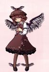  1girl :&lt; animal_ears bird_wings brown_hair hat highres jewelry mystia_lorelei short_hair single_earring topadori touhou winged_hat wings 