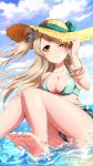  1girl ;) barefoot bikini bow breasts brown_eyes brown_hair cleavage feet hair_bow hat highres long_hair looking_at_viewer love_live!_school_idol_project minami_kotori one_eye_closed side_ponytail smile soles solo sun_hat swimsuit toes xiao_ren 