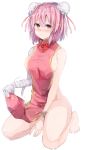  1girl bandaged_arm bare_shoulders barefoot blush bun_cover colored cuffs double_bun flower full-face_blush full_body ibaraki_kasen kneeling looking_at_viewer naked_tabard pink_hair red_eyes rose short_hair simple_background sketch solo tabard touhou white_background wowoguni 