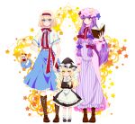  3girls alice_margatroid apron arms_up blonde_hair blue_dress blue_eyes book boots bow braid brown_boots capelet crescent cross-laced_footwear doll dress eye_contact full_body hair_bow hair_ornament hair_ribbon hairband hat hat_bow hat_ribbon holding_hands kirisame_marisa knee_boots lace-up_boots long_hair long_sleeves looking_at_another maruta_(shummylass) mob_cap multiple_girls open_book patchouli_knowledge puffy_sleeves purple_hair ribbon sash shanghai_doll shirt shoes short_hair side_braid single_braid skirt skirt_set socks star striped striped_dress touhou vest violet_eyes waist_apron white_legwear witch_hat yellow_eyes younger 