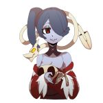  1girl bare_shoulders blue_hair blue_skin breasts hair_over_one_eye heart heart_hands higa_norio leviathan_(skullgirls) looking_at_viewer red_eyes short_hair side_ponytail simple_background skeleton skullgirls solo squigly_(skullgirls) white_background zombie 