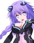  1girl :o absurdres bangs blue_eyes blush braid breasts cleavage covered_navel hair_ornament highres leotard long_hair looking_at_viewer magical_girl neon_trim neptune_(choujigen_game_neptune) neptune_(series) open_mouth planeptune power_symbol purple_hair purple_heart simple_background symbol-shaped_pupils transparent_background twin_braids upper_body very_long_hair 