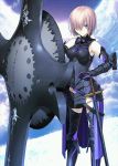  1girl armored_boots fate/grand_order fate_(series) gauntlets hair_over_one_eye looking_at_viewer official_art pink_hair shield shielder_(fate/grand_order) short_hair solo takeuchi_takashi upscaled violet_eyes waifu2x 