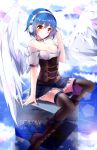  1girl :o bare_shoulders boots breasts cleavage corset cube full_body headphones highres knee_boots looking_at_viewer original pentagram puffy_sleeves reflection sitting skirt solo squadra thigh-highs white_wings wings yellow_eyes zettai_ryouiki 