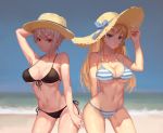  2girls 676264220 beach bikini black_bikini blonde_hair breasts cleavage cousins hat highres large_breasts long_hair looking_at_viewer multiple_girls nakiri_alice nakiri_erina navel ocean parted_lips red_eyes shokugeki_no_souma short_hair side-tie_bikini silver_hair striped striped_bikini striped_swimsuit sun_hat swimsuit toned under_boob violet_eyes 