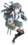  1girl arm_warmers asashio_(kantai_collection) backpack bag black_hair black_legwear blue_eyes comah dress_shirt gun kantai_collection long_hair machinery open_mouth pleated_skirt randoseru school_uniform shirt skirt smokestack solo suspenders thigh-highs torpedo turret weapon 