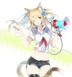  1girl :d animal_ears black_legwear black_shorts blonde_hair green_eyes hair_between_eyes long_hair megaphone midriff navel one_eye_closed open_mouth original relly sailor_collar short_shorts shorts smile solo tail thigh-highs 