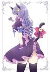  1girl alternate_costume animal_ears bell black_legwear blush bow cat_ears cat_tail crescent_hair_ornament dress drill_hair hair_bow hair_ornament heart kemonomimi_mode long_hair looking_at_viewer looking_back maruta_(shummylass) patchouli_knowledge profile puffy_sleeves purple_hair red_eyes ribbon sash short_sleeves solo tail tail_ribbon thigh-highs touhou upskirt white_background wrist_cuffs 