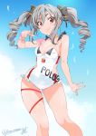  1girl :d arm_up blue_sky bow breasts cleavage drill_hair fingernails grey_hair hair_between_eyes hair_bow idolmaster idolmaster_cinderella_girls inoue_sora kanzaki_ranko long_hair nail_polish one-piece_swimsuit open_mouth outstretched_hand red_eyes ribbon sidelocks skindentation sky smile solo swimsuit thigh_ribbon thighs twin_drills twitter_username 