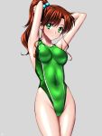  1girl adjusting_hair arena_(company) arms_up bishoujo_senshi_sailor_moon blush breasts brown_hair collarbone competition_swimsuit covered_navel earrings green_eyes grey_background groin hair_bobbles hair_ornament highleg highleg_swimsuit jewelry kino_makoto large_breasts long_hair one-piece_swimsuit ponytail sen_(sansui) shiny shiny_clothes shiny_hair signature simple_background solo swimsuit tying_hair 
