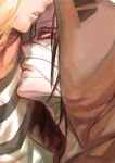  1boy 1girl bandage_on_face bandages black_hair eyelashes face head_out_of_frame head_to_head hood looking_at_another naru_(kihime622) out_of_frame parted_lips profile ray_(satsuriku_no_tenshi) red_lips satsuriku_no_tenshi short_hair striped zack_(satsuriku_no_tenshi) 