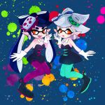  2girls aori_(splatoon) black_hair dress earrings fang food food_on_head gloves green_legwear grey_hair hotaru_(splatoon) jewelry long_hair looking_at_viewer mask mole mole_under_eye multiple_girls object_on_head open_mouth orange_(orangelv20) paint_splatter pantyhose purple_legwear shoes short_dress short_hair short_jumpsuit smile splatoon strapless strapless_dress tentacle_hair white_gloves 