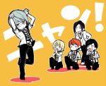  5boys arsmagna bak_witt black_hair blonde_hair blush candy chibi glasses gloves grey_hair izumi_sou kano_akira_(arsmagna) kurou_kentou lollipop multiple_boys ooyama_(hnk1018) paw_pose redhead sakakibara_tatsuki school_uniform simple_background sitting smile standing_on_one_leg white_gloves yellow_background 