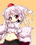  1girl animal_ears blush breasts detached_sleeves groin hand_on_head hat inubashiri_momiji looking_at_viewer midriff navel pom_pom_(clothes) red_eyes short_hair silver_hair simple_background skirt smile solo tail takasegawa_yui tokin_hat touhou translated wolf_ears wolf_tail yellow_background 