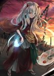 1girl chain duel_monster ghost_ogre_&amp;_snow_rabbit highres horns japanese_clothes long_hair looking_at_viewer obi ofuda pointy_ears red_eyes rr_(rr2) sash silver_hair solo sunset sword two_side_up weapon yuu-gi-ou 