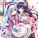  2girls :d akatsuki_(kantai_collection) black_hair blue_eyes gloves hibiki_(kantai_collection) kantai_collection long_hair looking_at_viewer multiple_girls nogi_takayoshi open_mouth outdoors parfait smile tagme violet_eyes wa_maid white_gloves white_hair 