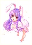 1girl :d animal_ears barefoot blush breasts cleavage heart heart-shaped_pupils highres kiyama_satoshi large_breasts long_hair looking_at_viewer moon open-chest_sweater open_mouth panties panty_pull pink_panties purple_hair rabbit_ears red_eyes reisen_udongein_inaba ribbed_sweater simple_background smile solo sweater symbol-shaped_pupils touhou underwear white_background 
