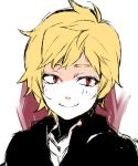  1boy blonde_hair hoodie kagerou_project kano_shuuya male_focus ooyama_(hnk1018) partially_colored red_eyes simple_background smile solo upper_body white_background younger 